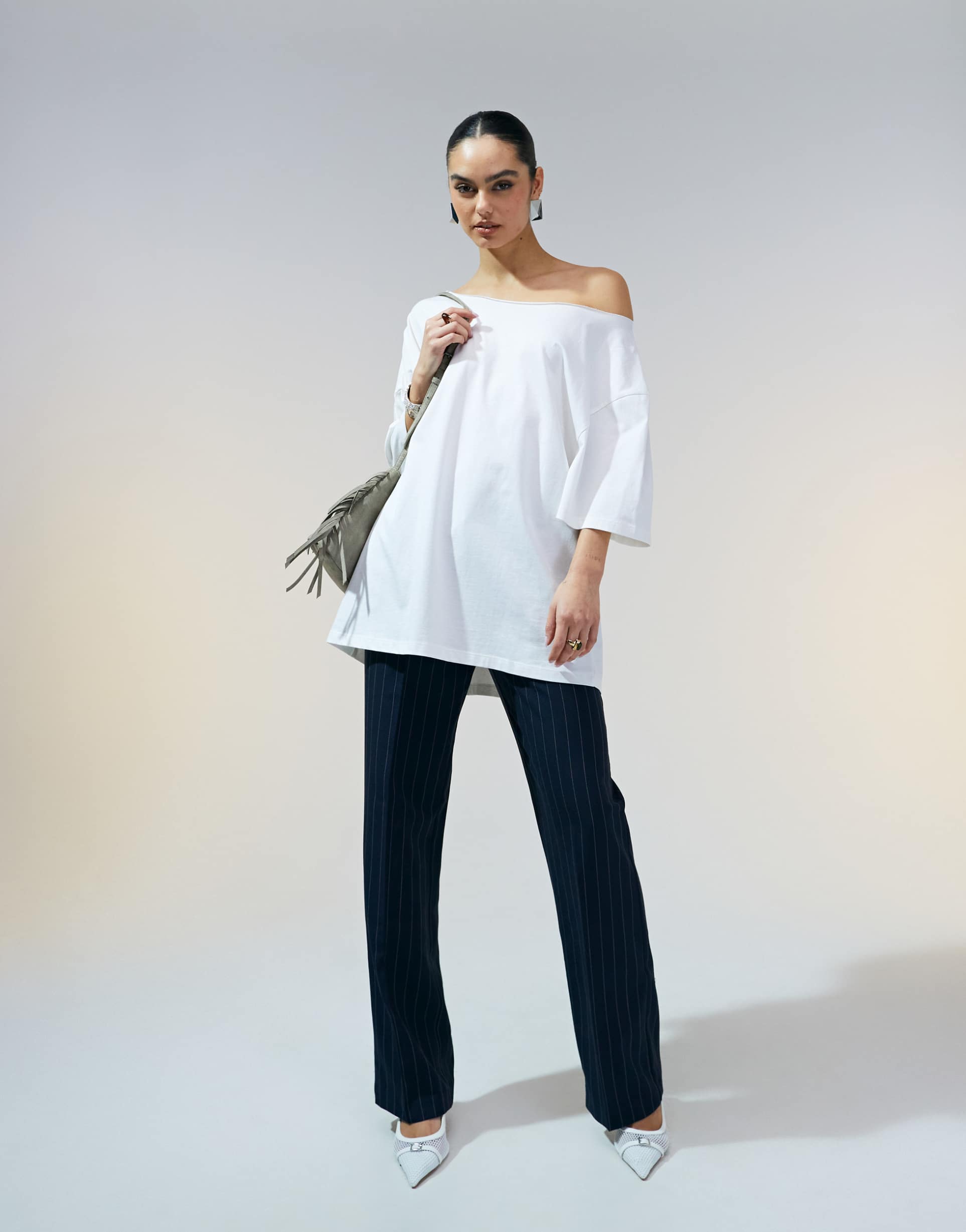 asos design slouchy off shoulder oversized tee in white