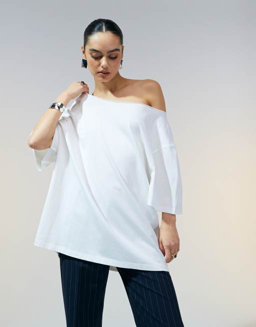 ASOS DESIGN slouchy off shoulder oversized tee in white