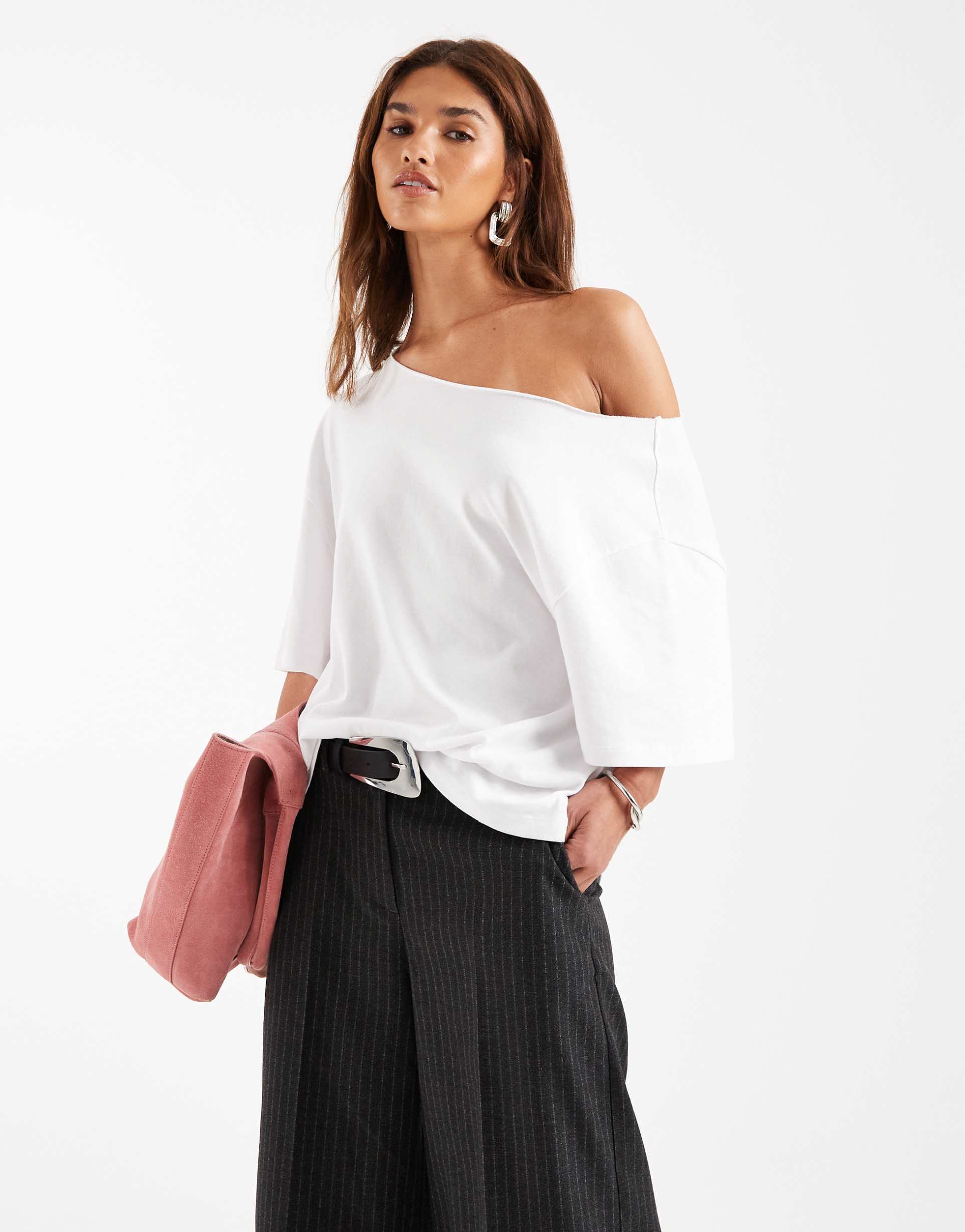 asos design slouchy off shoulder oversized tee in white