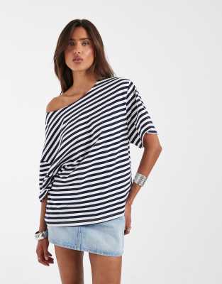 ASOS DESIGN slouchy off shoulder oversized tee navy stripe
