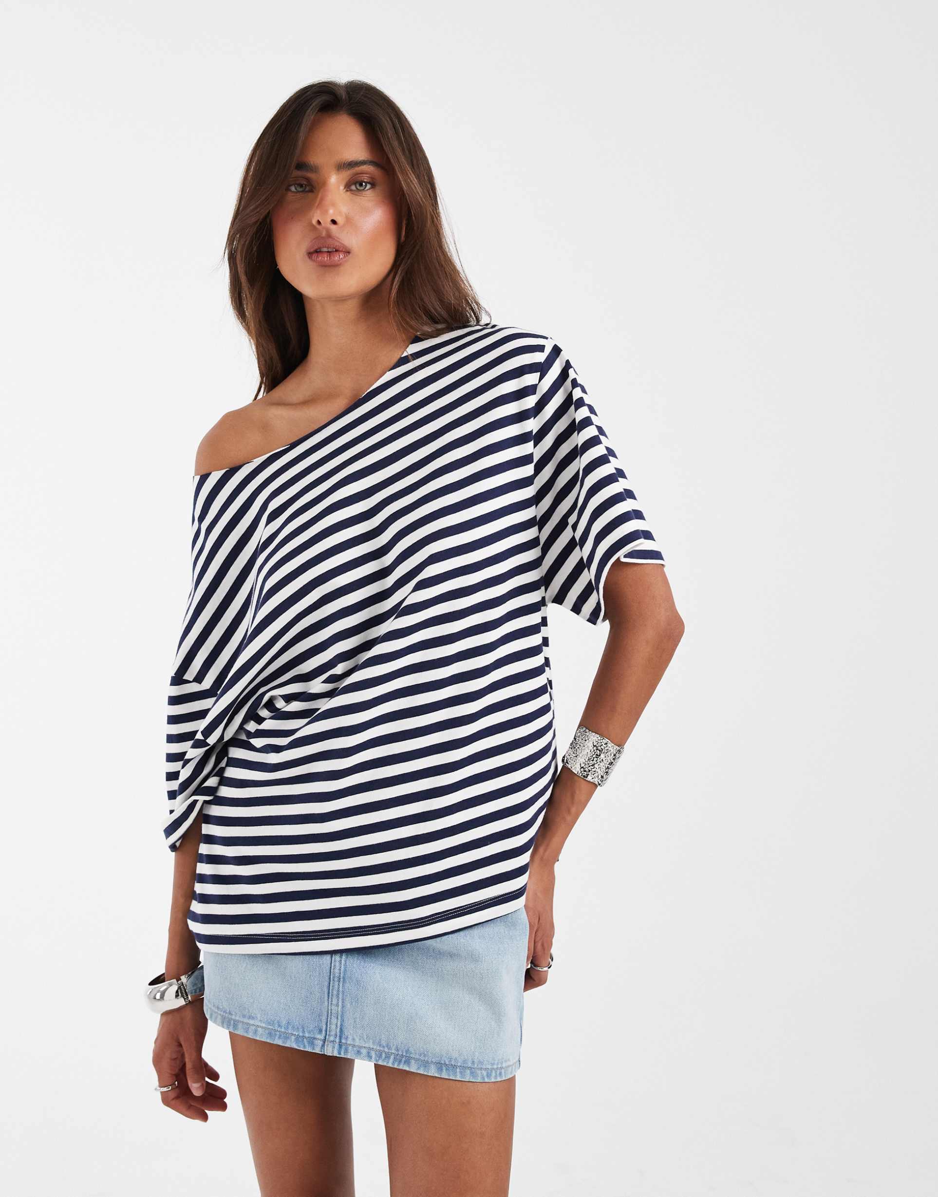 asos design slouchy off shoulder oversized tee navy stripe