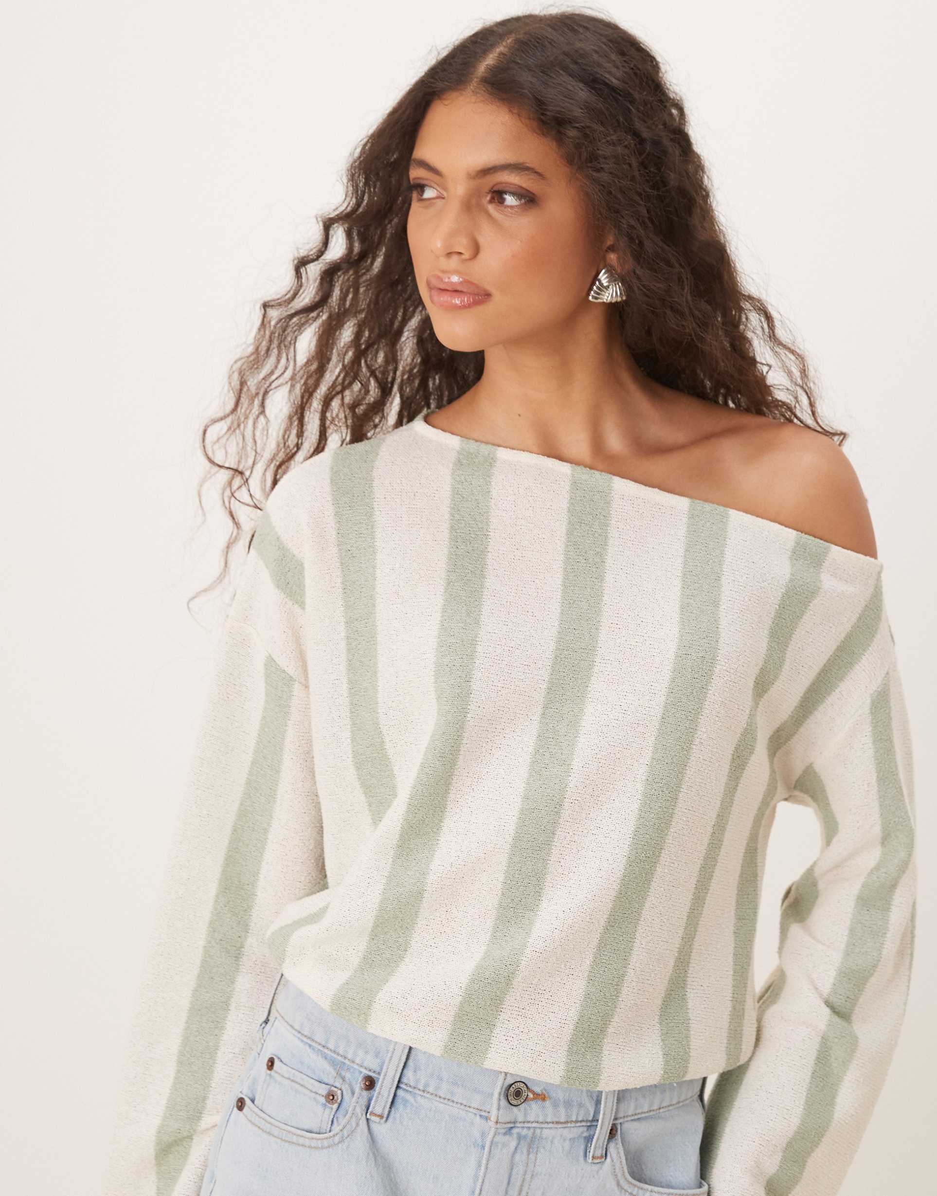 asos design slouchy off shoulder top in jersey knit stripe