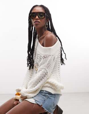 Asos Design Slouchy Off The Shoulder Crochet Sweater In White