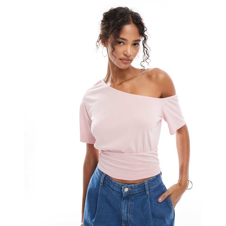 One Shoulder Frill Detail Asymmetric Top In White Woven