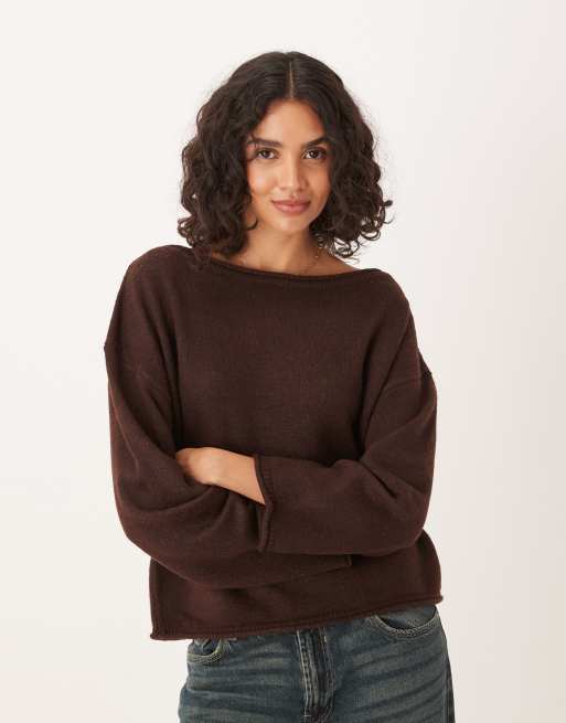 ASOS DESIGN slouchy off the shoulder jumper in chocolate ASOS