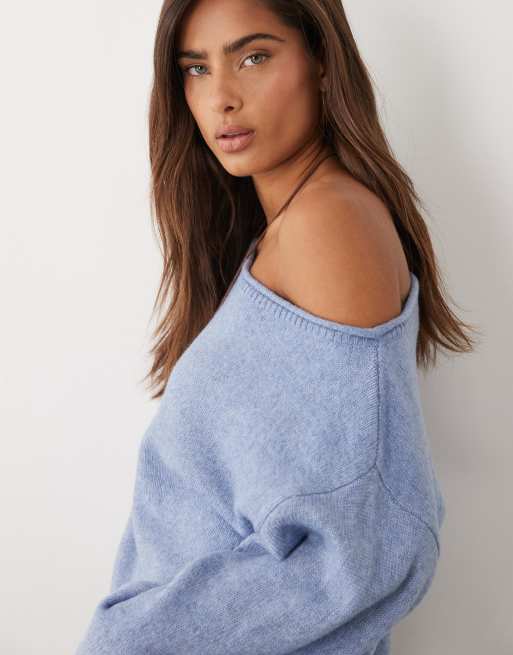 ASOS DESIGN slouchy off the shoulder jumper with wool in blue, 3 of 4
