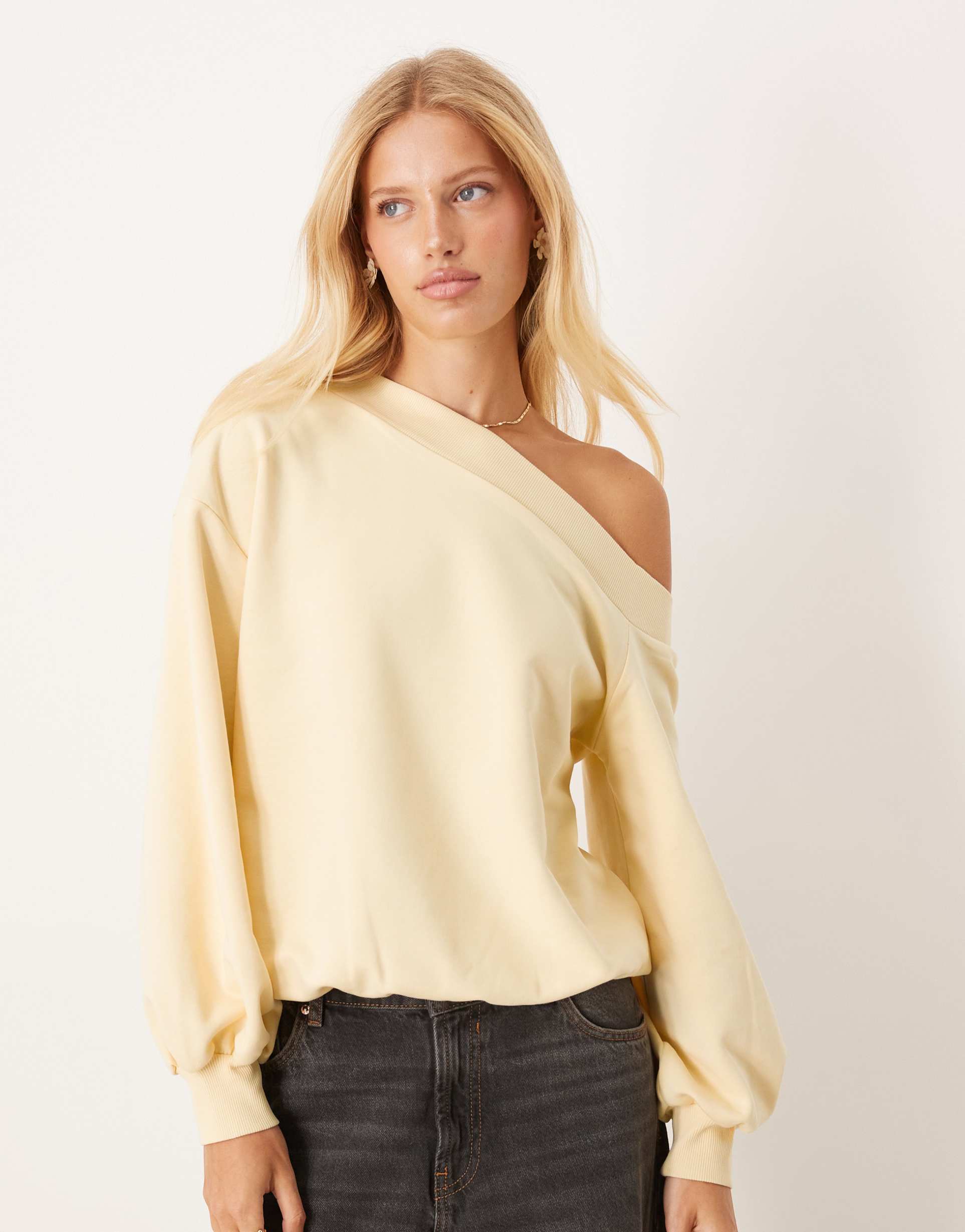asos design slouchy off the shoulder oversized sweatshirt in yellow