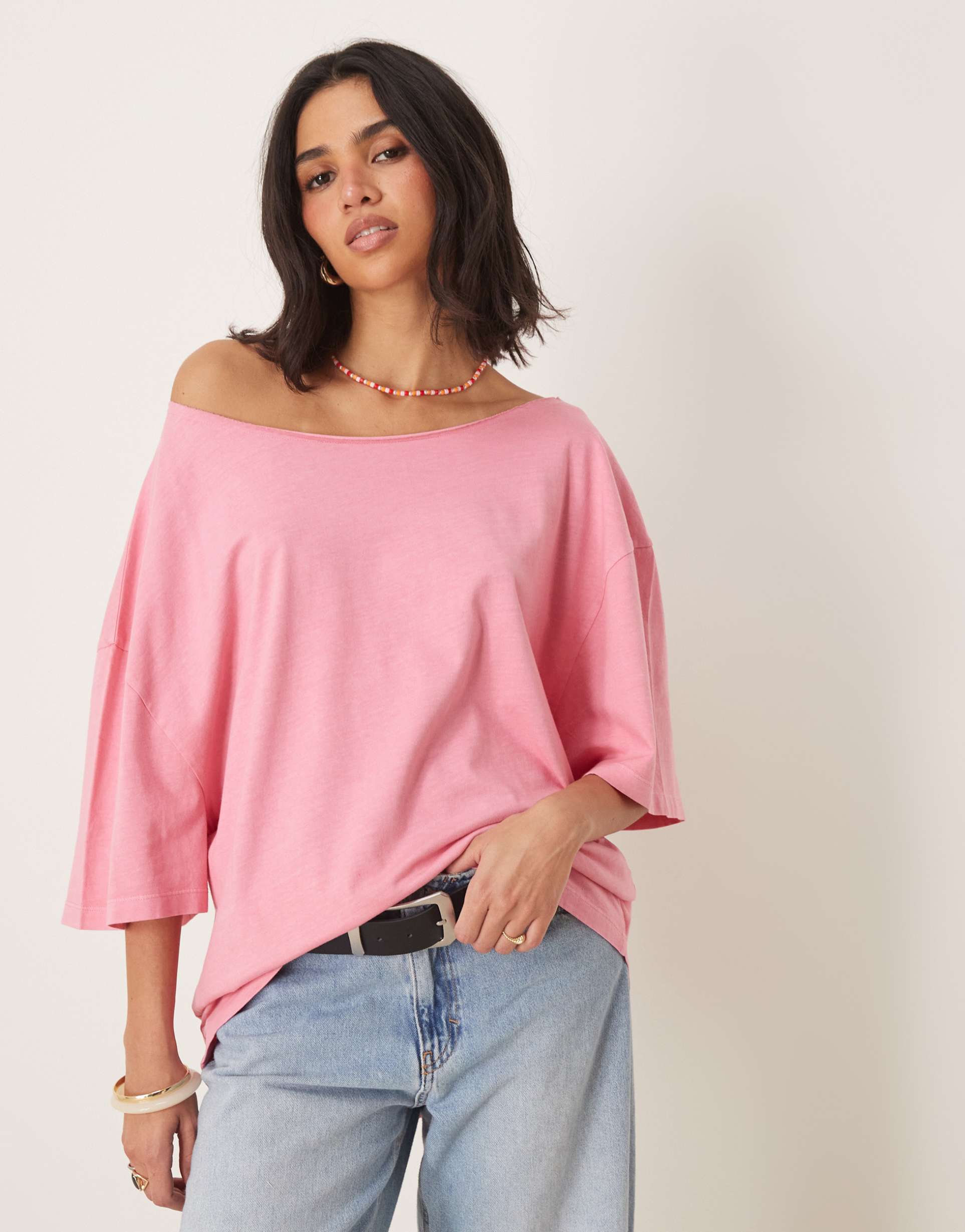 asos design slouchy off the shoulder oversized tee in washed pink