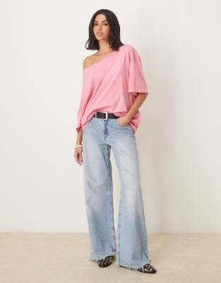 Asos Design Slouchy Off The Shoulder Oversized Tee In Pink