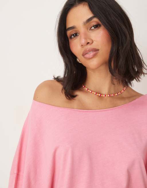 ASOS DESIGN slouchy off the shoulder oversized tee in washed pink