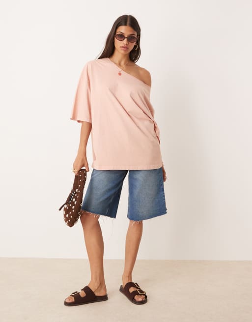 ASOS DESIGN slouchy off the shoulder oversized tee in washed rose