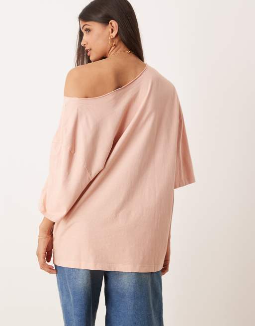 ASOS DESIGN slouchy off the shoulder oversized tee in washed rose