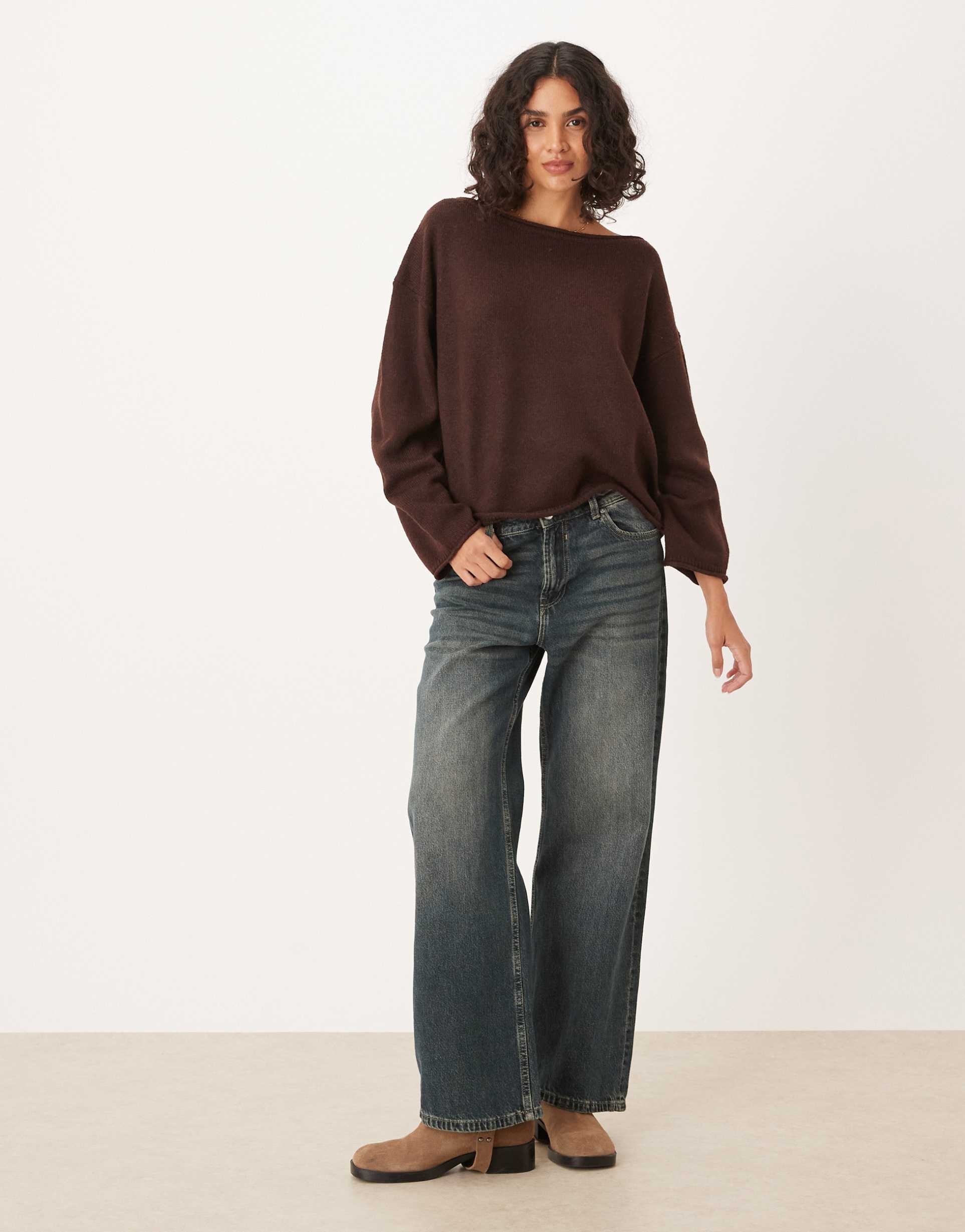 asos design slouchy off the shoulder sweater in chocolate