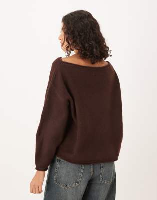 Asos Design Slouchy Off The Shoulder Sweater In Brown