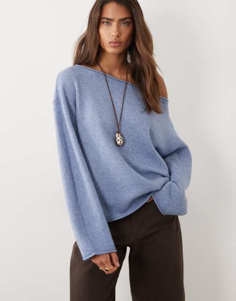 ASOS DESIGN slouchy off-the-shoulder sweater with wool in blue - view 1