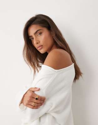 Asos Design Slouchy Off The Shoulder Sweater With Wool In White