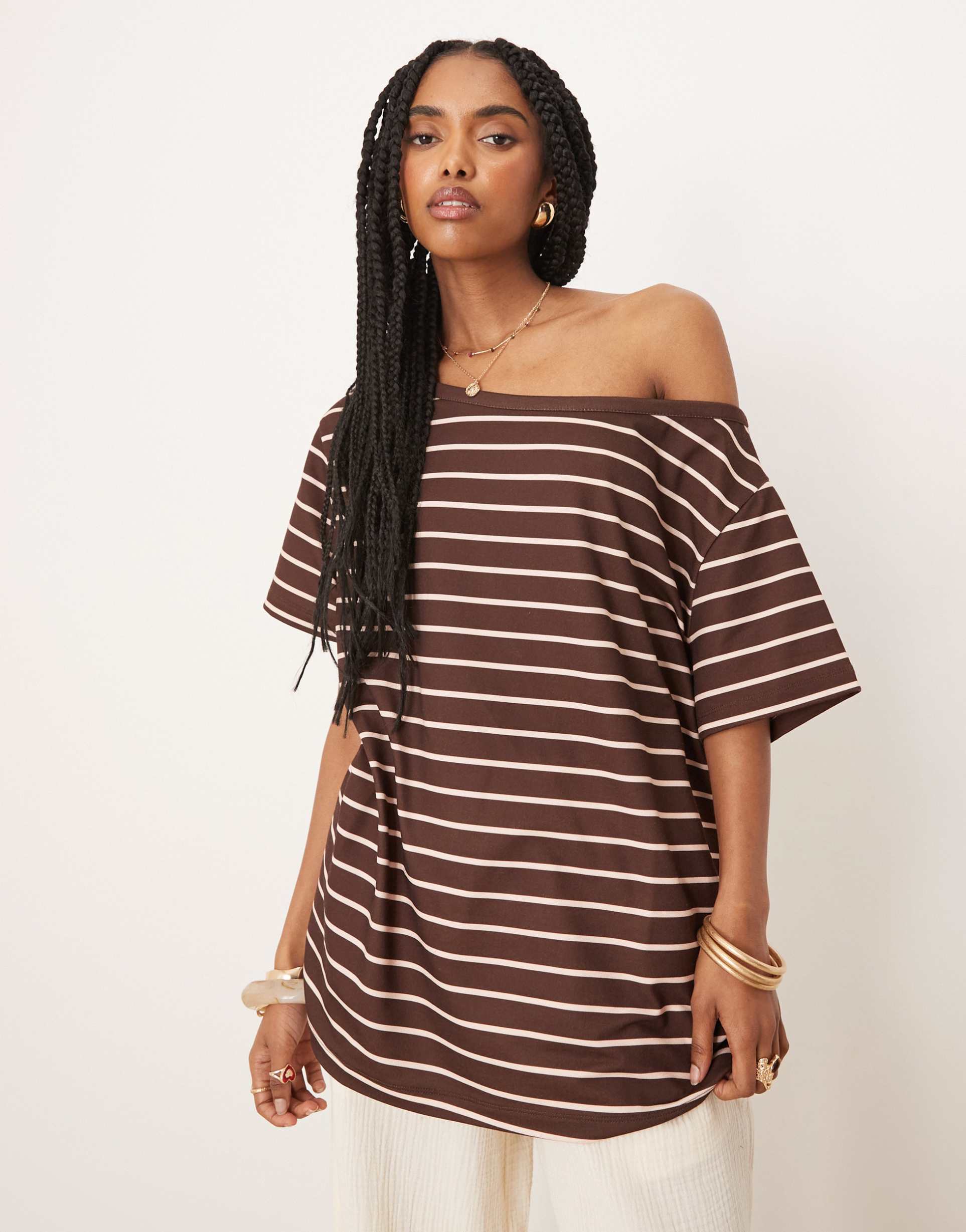 asos design slouchy off the shoulder t-shirt in burgundy and pink stripe