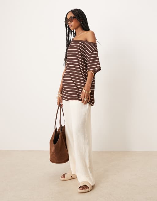ASOS DESIGN slouchy off the shoulder t-shirt in burgundy and pink stripe