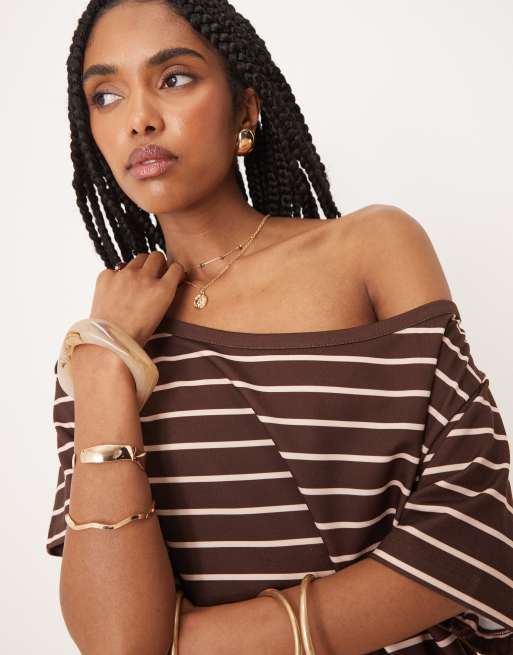 ASOS DESIGN slouchy off the shoulder t-shirt in burgundy and pink stripe