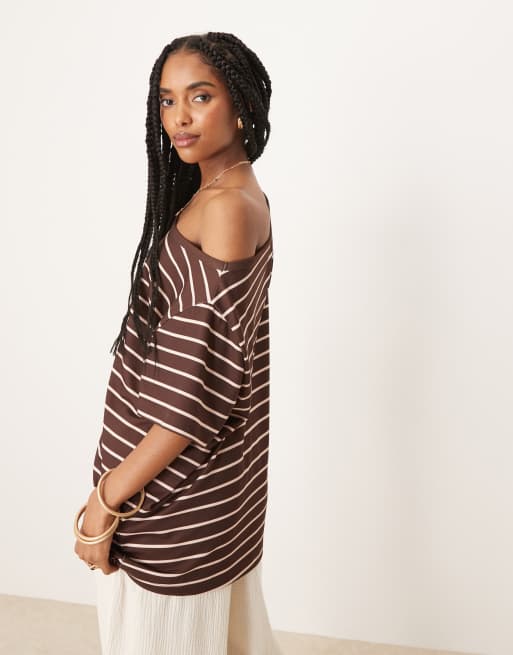 ASOS DESIGN slouchy off the shoulder t-shirt in burgundy and pink stripe