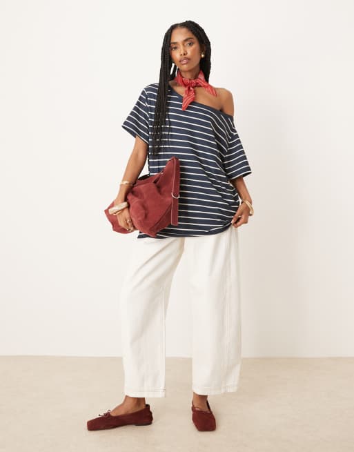 ASOS DESIGN slouchy off shoulder t-shirt in navy stripe