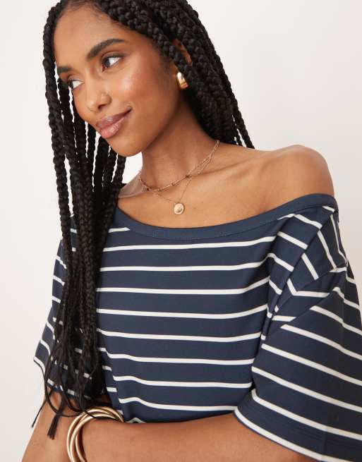 ASOS DESIGN slouchy off shoulder t-shirt in navy stripe