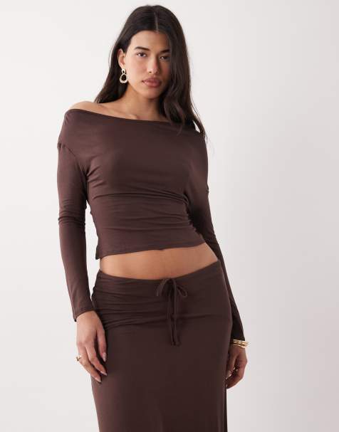 ASOS DESIGN slouchy off the shoulder top co-ord in chocolate