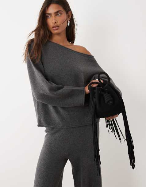 ASOS DESIGN slouchy off the shoulder with wool in charcoal - view 1