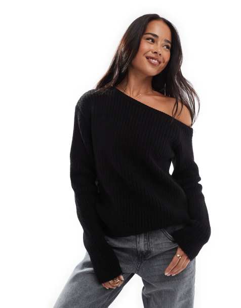 ASOS DESIGN slouchy one shoulder jumper in black - view 1