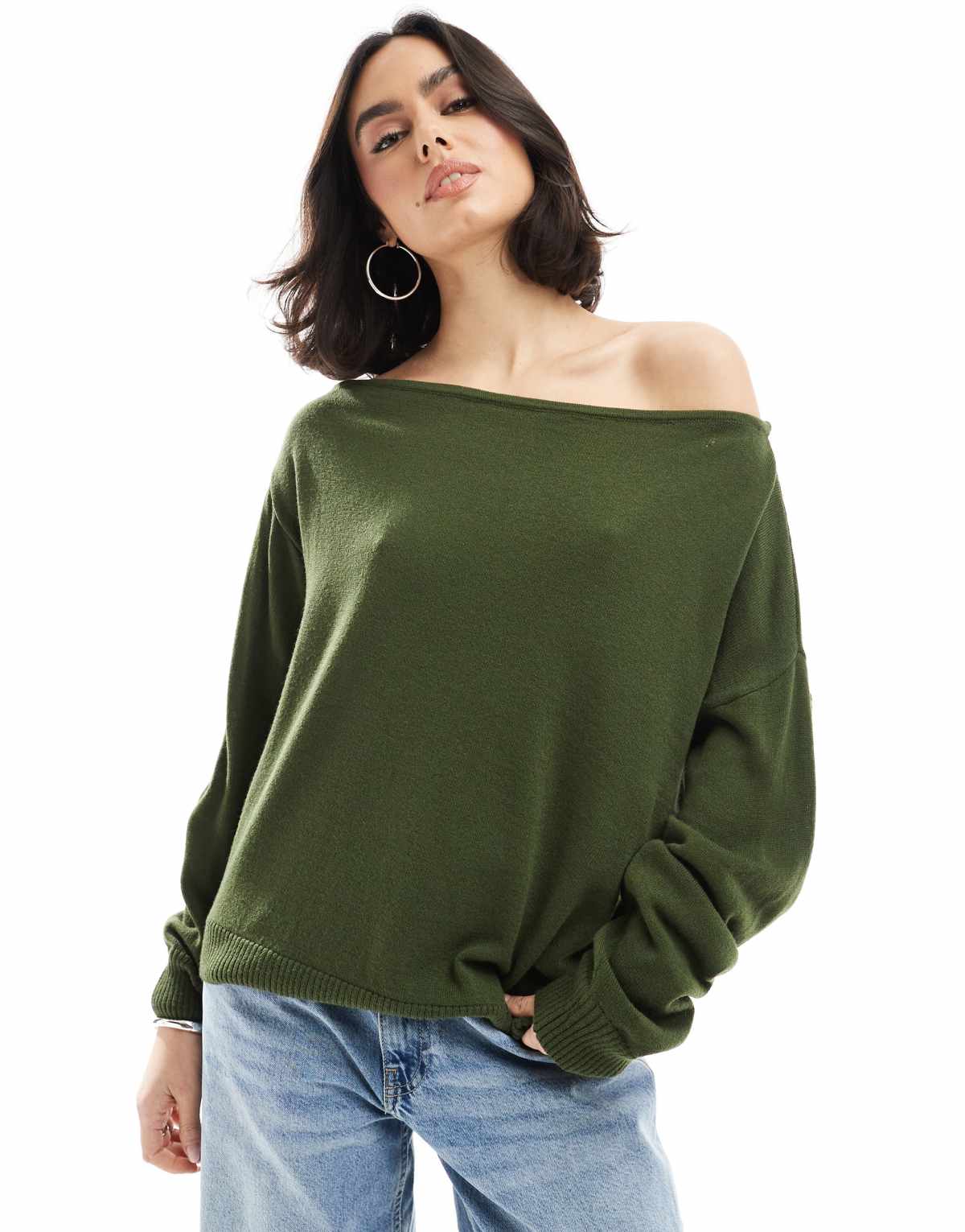 ASOS DESIGN slouchy one shoulder jumper in olive