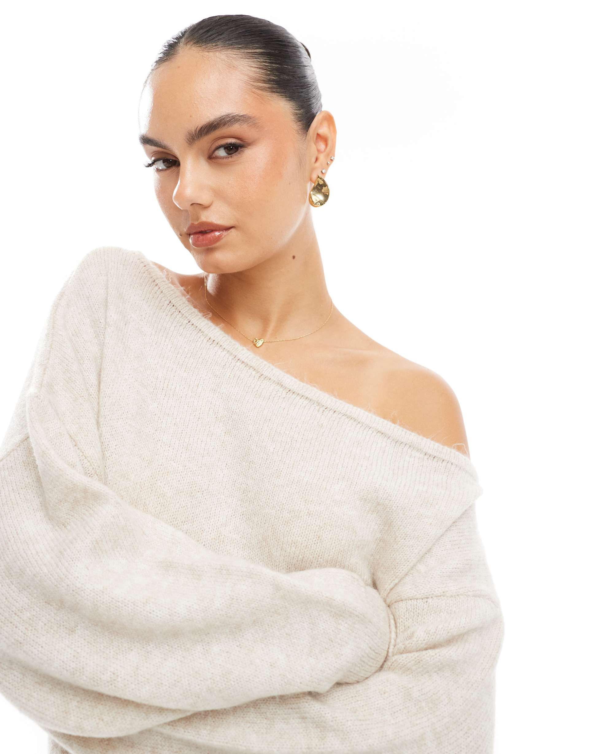 asos design slouchy one shoulder sweater in ecru