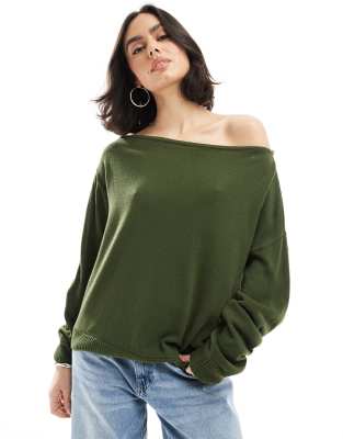 Asos Design Slouchy One Shoulder Sweater In Olive-green