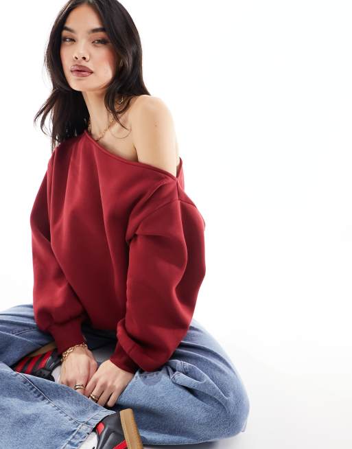 ASOS DESIGN slouchy one shoulder sweatshirt in wine