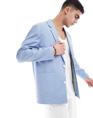 Asos Design Slouchy Oversized Blazer In Pale Blue Linen Mix