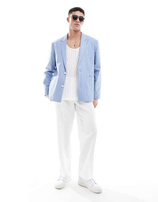 ASOS Design Slouchy Oversized Blazer in Pale Blue Linen Mix