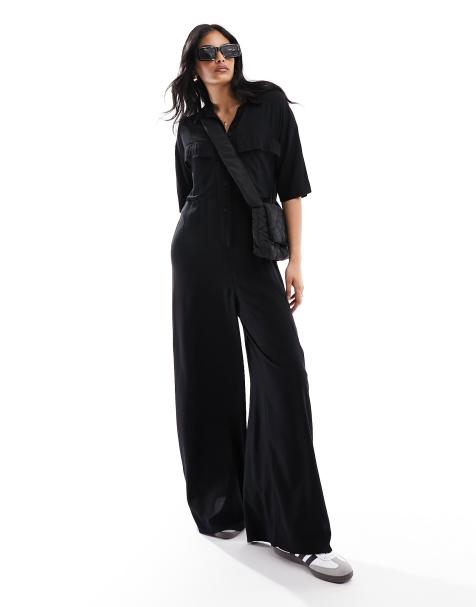 ASOS Design Lace Overlay Bodysuit Wide Leg Jumpsuit in Black