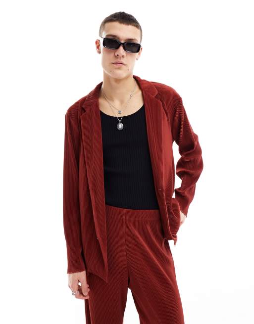 ASOS DESIGN slouchy oversized plisse suit jacket in red