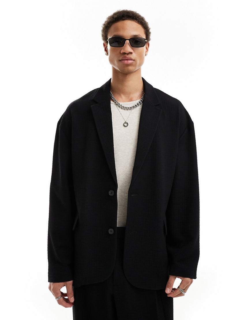 Asos Design Slouchy Oversized Suit Jacket In Black Seersucker