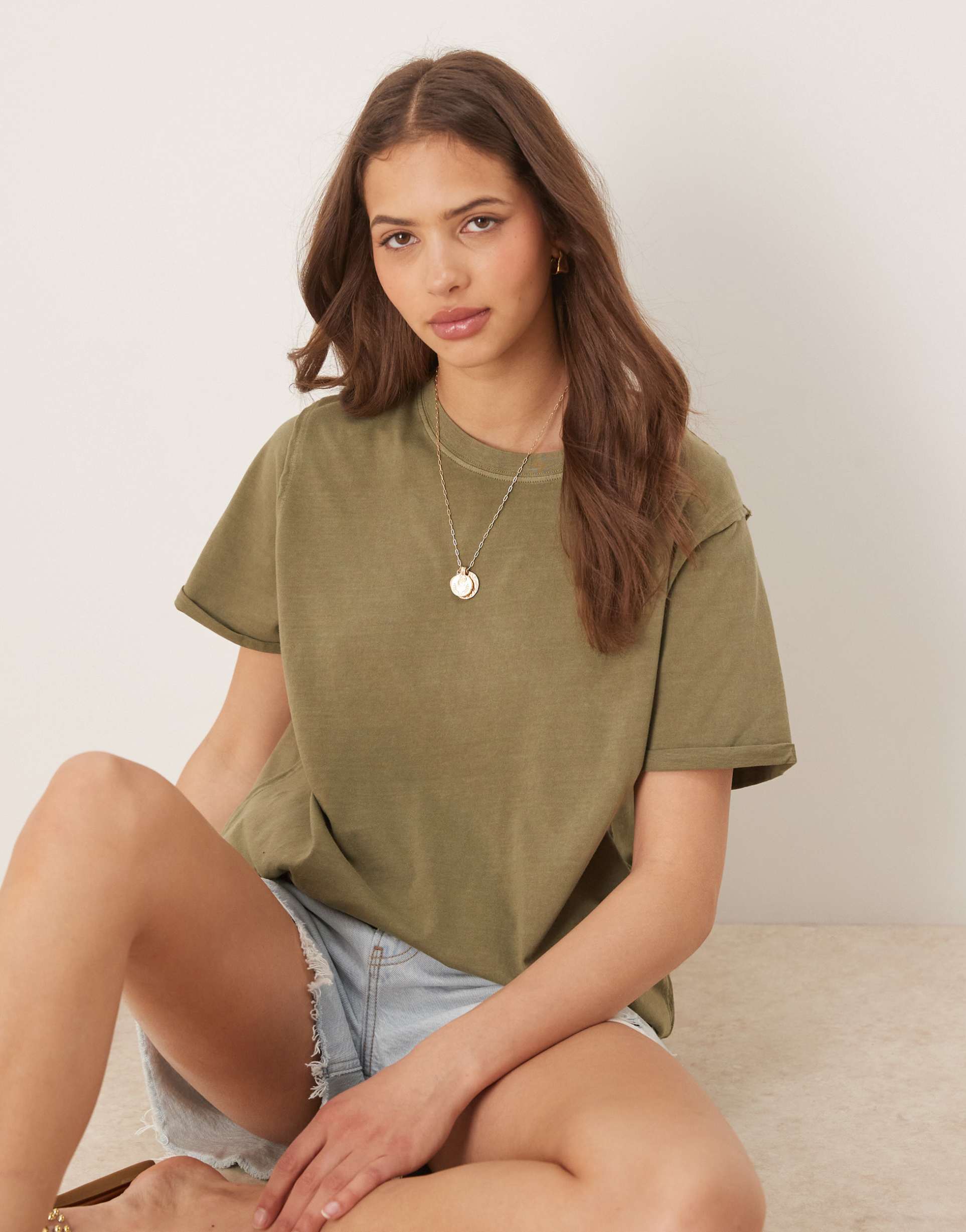 asos design slouchy raw edge regular fit t-shirt in washed khaki