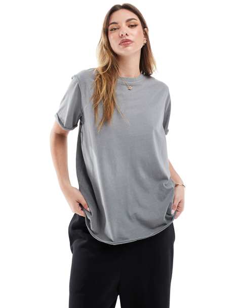 ASOS DESIGN slouchy raw edge regular fit washed t-shirt in washed charcoal - view 1