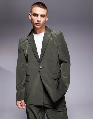 ASOS DESIGN slouchy regular suit jacket in khaki techy fabric-Green