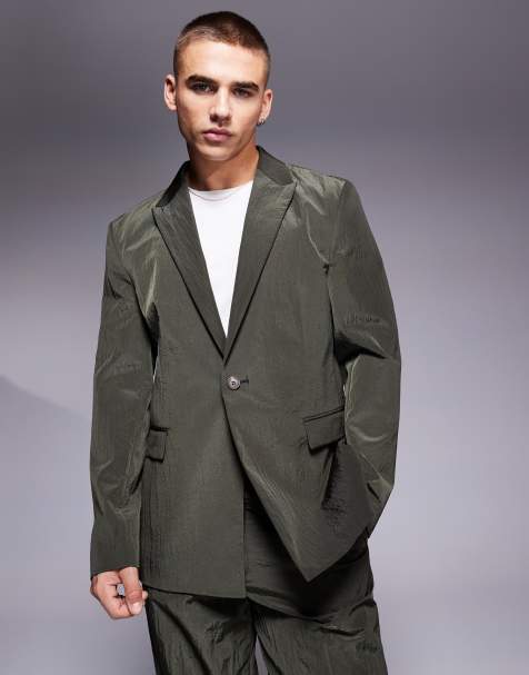 ASOS DESIGN slouchy regular suit jacket in khaki techy fabric - view 1
