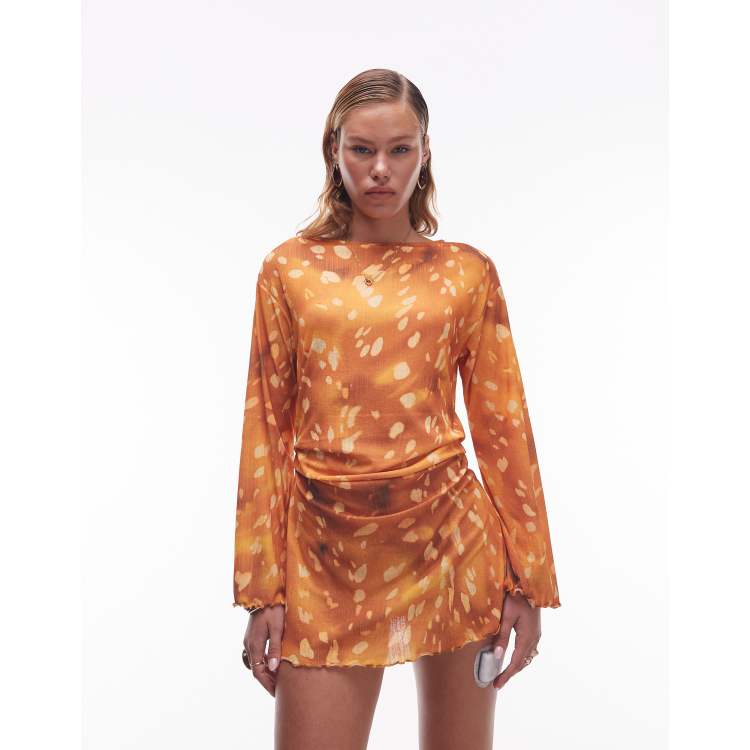 knee length dresses for ladies Turtle Neck Tie Dye Side Ruched Long Sleeve Mini Dress