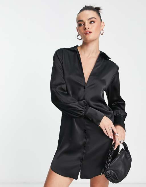 ASOS DESIGN slouchy satin plunge shirt mini dress in black