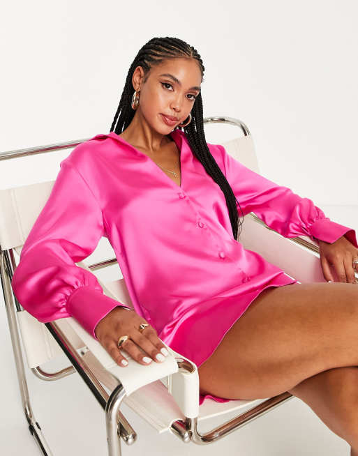 ASYOU satin wrap shirt mini dress in pink, ASOS