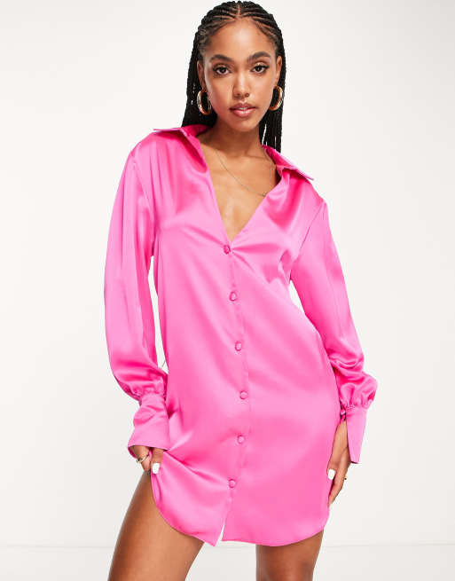 ASOS DESIGN slouchy satin plunge shirt mini dress in hot pink | ASOS