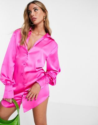 Asos Design Slouchy Satin Plunge Shirt Mini Dress In Hot Pink