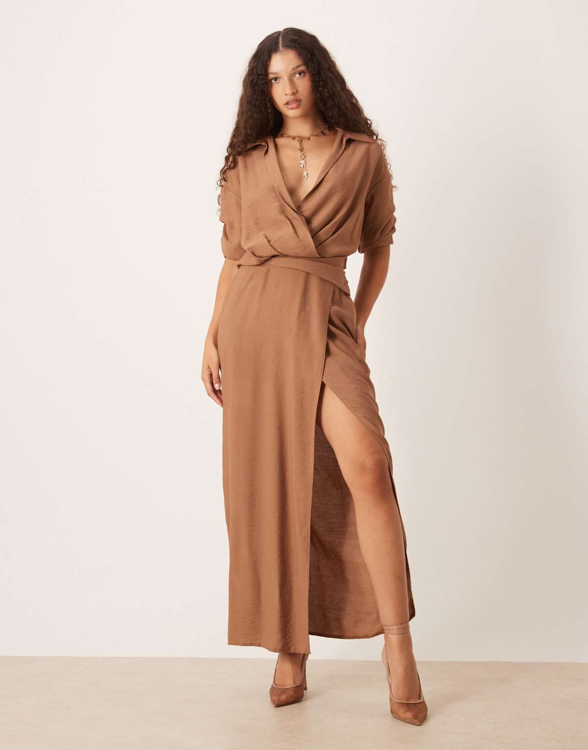 ASOS DESIGN slouchy shirt midi dress with split in light brown