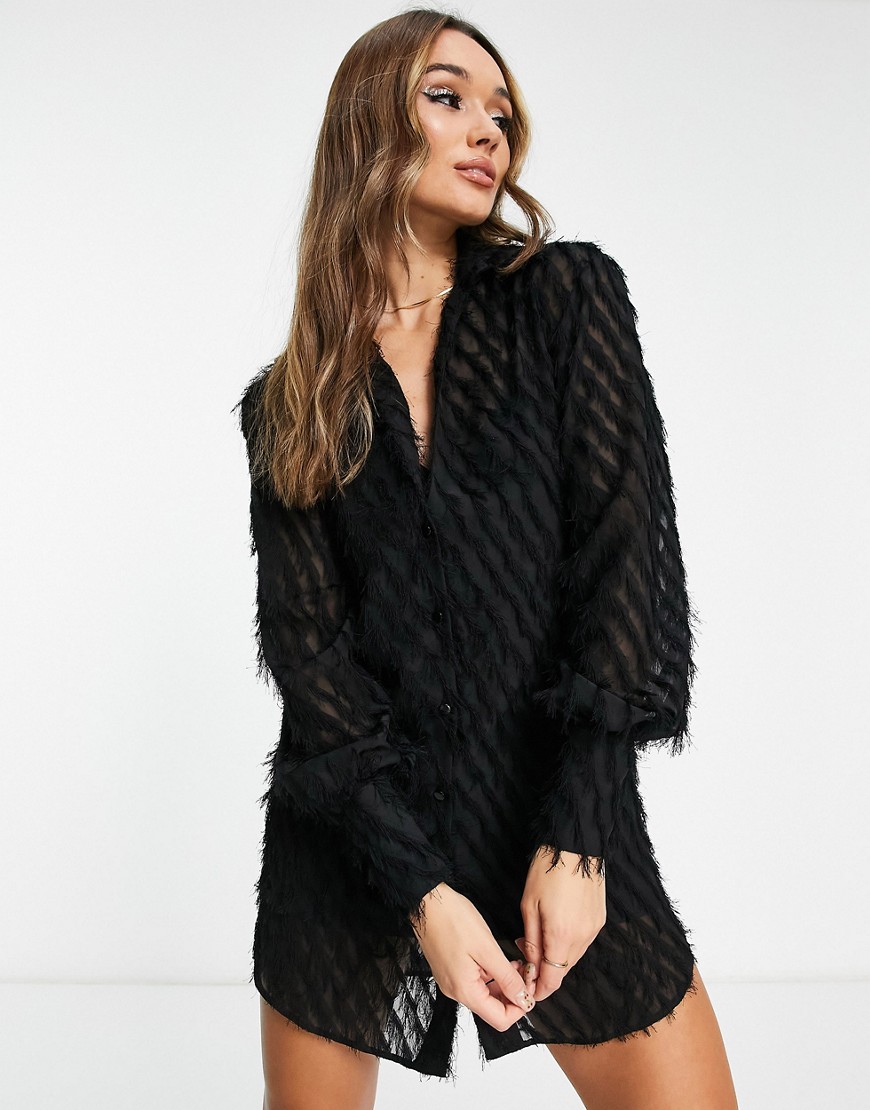 ASOS DESIGN slouchy shirt mini dress in fluffy textured fabric in black