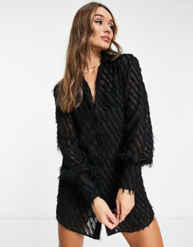 ASOS DESIGN slouchy shirt mini dress in fluffy textured fabric in black